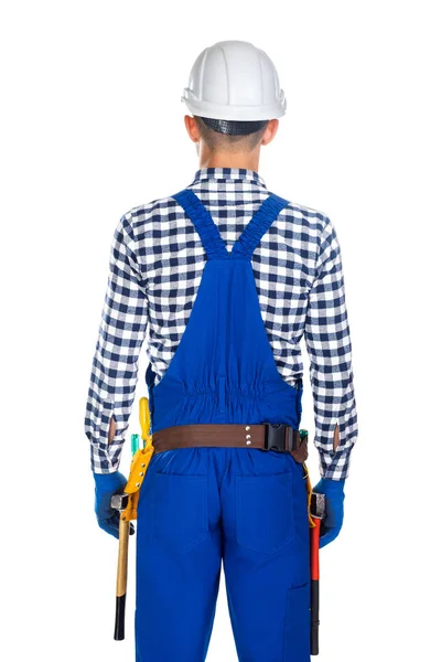 Trabalhador da construção em uniforme e cinto de ferramentas — Fotografia de Stock