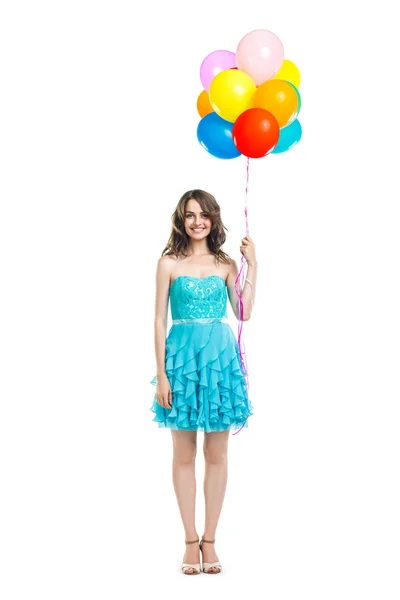 Felice bella donna in abito blu con palloncini colorati — Foto Stock