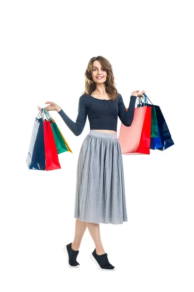 Mulher bonita feliz com muitos sacos de compras — Fotografia de Stock