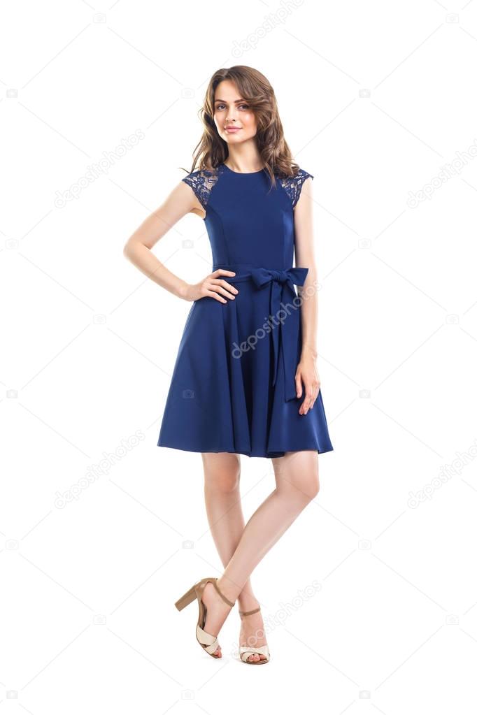 Full length portrait of young beautiful woman in blue dress