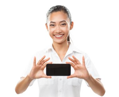 Asyalı kadın gösteren siyah smartphone