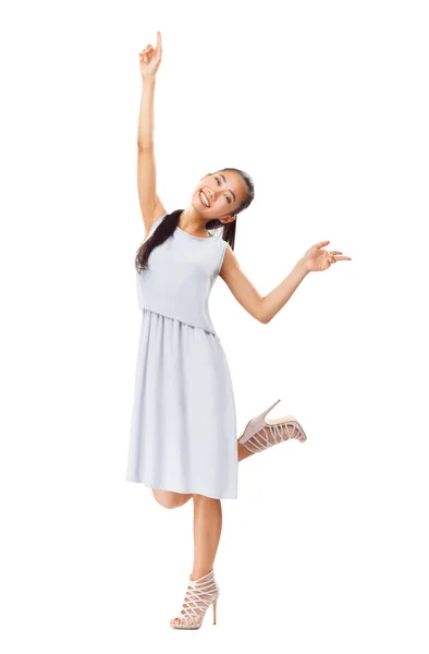 Aziatische meisje in elegante jurk geniet van het leven — Stockfoto