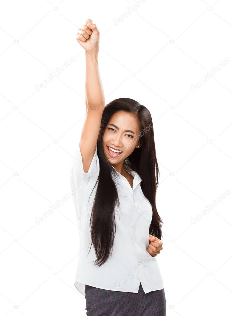 woman rejoices at her success or victory