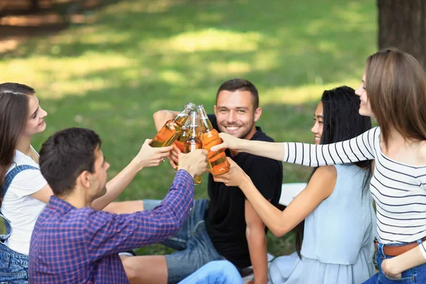 Young happy friends clinking bottles — Zdjęcie stockowe