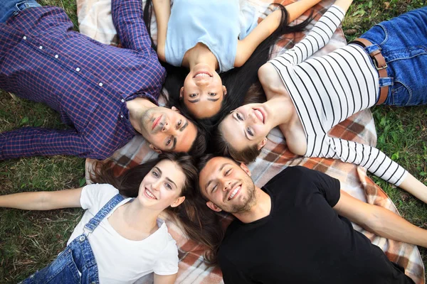 Amigos sonrientes tumbados en la hierba — Foto de Stock