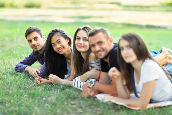 Grupo de amigos acostados en la hierba — Foto de Stock