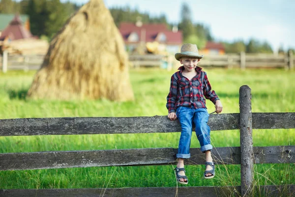 干し草のに対してフェンスの上に座っての帽子の少年 農村景観の背景に対するヘッジの子 若いカウボーイ恥ずかしそうに笑顔でカメラ目線します 村国旅行 コンセプト — ストック写真