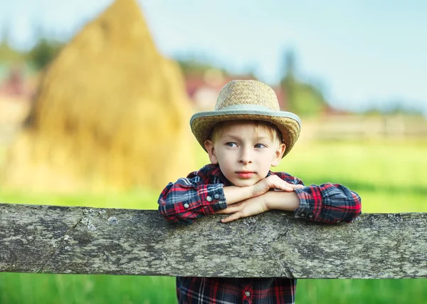 Närbild Porträtt Stilig Liten Pojke Hatt Lutade Planket Glad Sortchilhood — Stockfoto