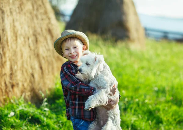 Boy Embraces Standing Dog Half Size Portrait Outdoor Haystack Background — Stock Photo, Image