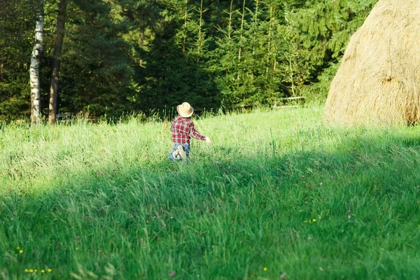 Chico Con Sombrero Corre Hierba Bosque Vista Desde Atrás Muchacho —  Fotos de Stock