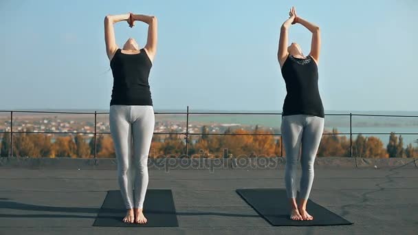 Dos Mujeres Jóvenes Practicando Yoga Asana Hasta Uttanasana Brazos Levantados — Vídeo de stock
