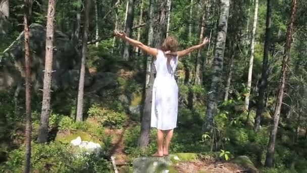 可爱的小女孩穿着白色的礼服站在岩石上的夏季森林 — 图库视频影像