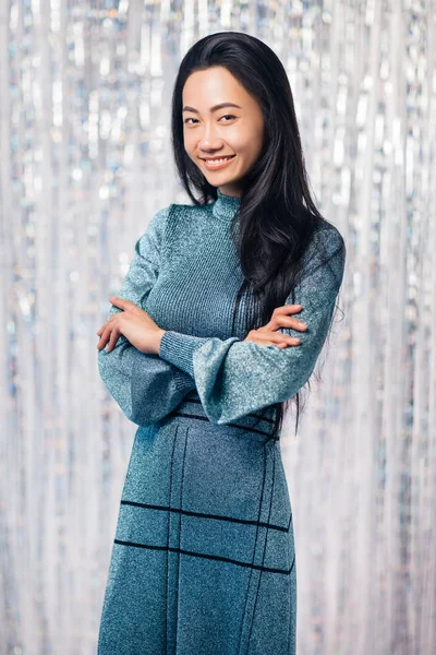 Portrait Happy Asian Woman Crossed Arms Posing Studio — Stock Photo, Image