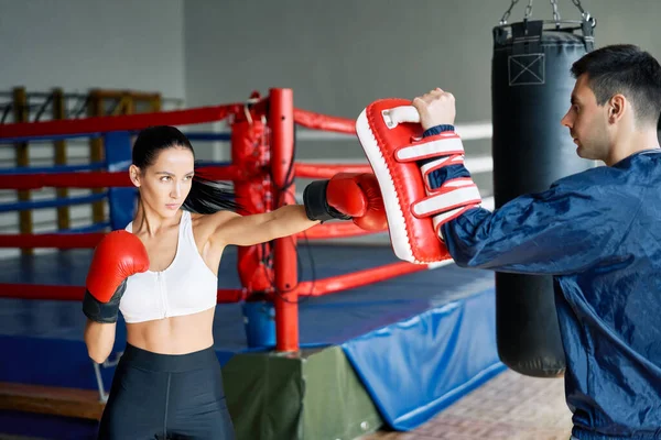 Female boxer kick boxing mitts held by personal trainer at fitness gym. Healthy lifestyle concept
