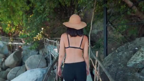 Achteraanzicht van een jonge vrouw die over een houten brug loopt in de jungle — Stockvideo
