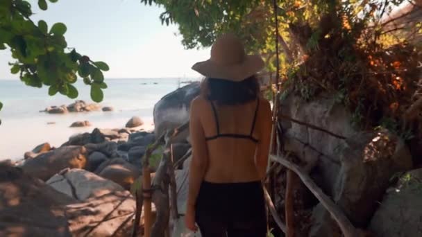 Вид сзади на молодую женщину, идущую по деревянному мосту на тропическом острове — стоковое видео
