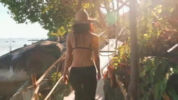 Vista trasera de una joven caminando sobre un puente de madera en una isla tropical — Vídeos de Stock