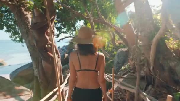 Visão traseira da jovem mulher andando na ponte de madeira na ilha tropical — Vídeo de Stock