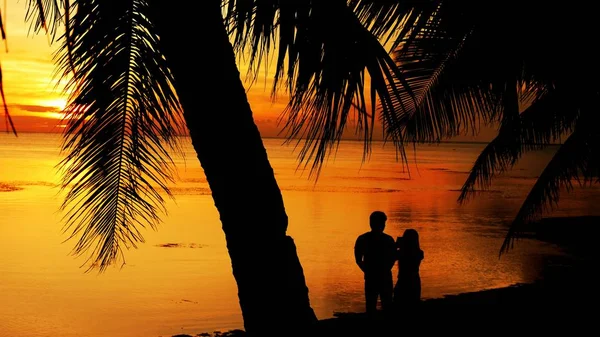 Silhouette of couple taking photos of the sunset — Stock Photo, Image