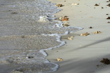 Yavaşça bir beyaz kum Plajı üzerinde inişli çıkışlı dalgalar