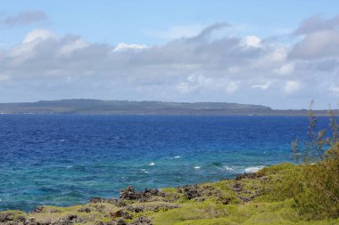 Tropik bir adada yeşil çimenler ile kayalık bir mercan kıyısında görülen mavi okyanusun farklı tonları. Görülen 