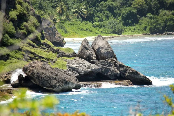 沙滩上有绿色植被和清澈的蓝色海水的岩层 — 图库照片