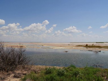 Sıcak bir günde etrafında su birhavuzları ile Engin tuz ovası 