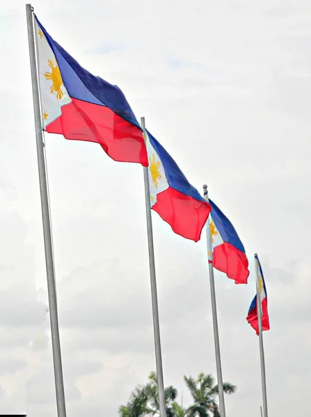 Philippinische Flaggen Wehen Von Fahnenmasten Einer Reihe Einem Öffentlichen Park — Stockfoto