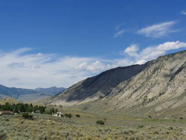 Ot ve çimlerle kısmen gizlenmiş yapıları olan manzaralı bir yer.