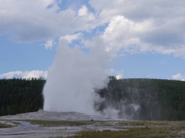 Yellowstone Ulusal Parkı, Wyoming 'deki düzenli patlamalarından birinde Eski Sadık gayzerin muhteşem bir gösterisi..