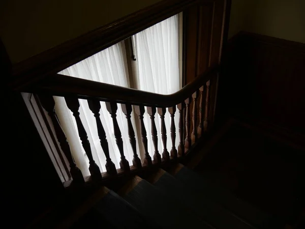 Natural Light Streaming Curtains Flight Stairs Old Mansion — Stock Photo, Image