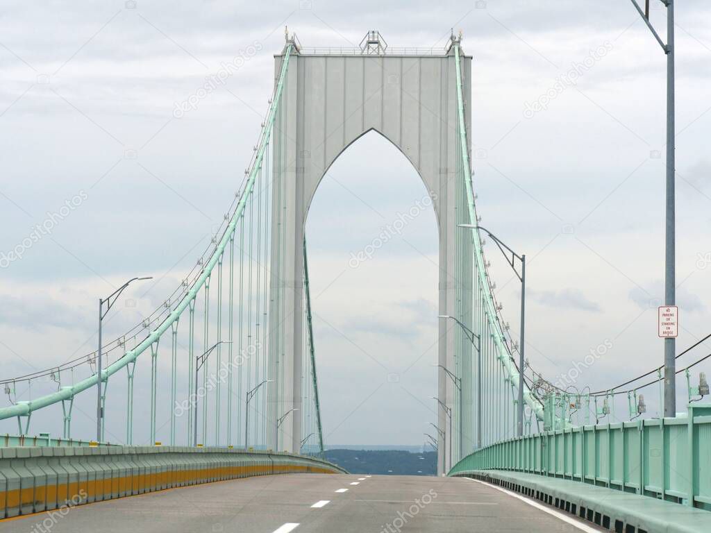 Close up of Clairborne Pell suspension bridge connecting Jamestown and Newport, Rhode Island.