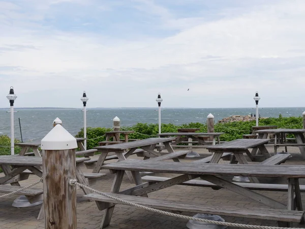 Medium Wide Shot Outdoor Eating Area Wooden Tables Benches — Stock Photo, Image