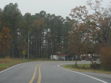 Rogers, Arkansas 'ta yol boyunca binalar olan dolambaçlı bir yol..