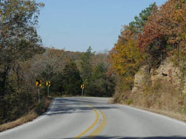 Eureka Springs, Arkansas 'ta yol boyunca renkli ağaçlar ve yapraklarla manzara gezisi.