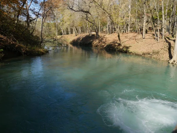 Vand Strømmer Til Flod Med Farverige Træer Langs Bredden Efteråret - Stock-foto