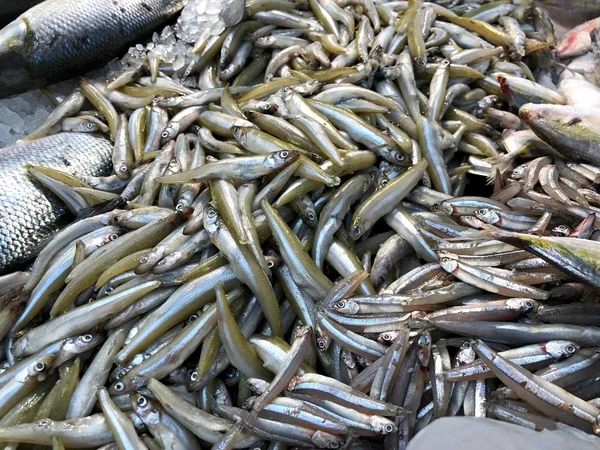 Stapel Von Dilis Oder Sardellen Auf Einem Fischmarkt — Stockfoto