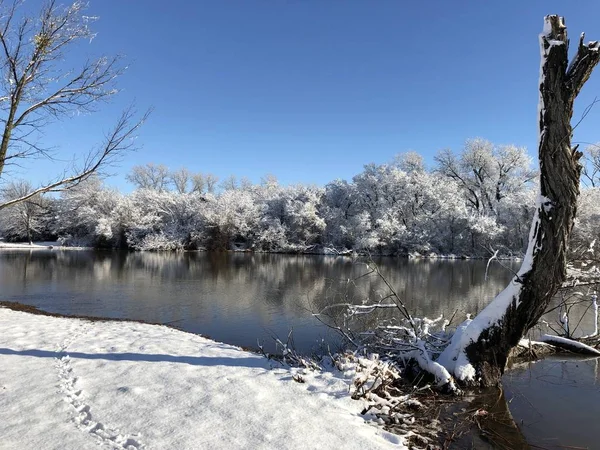 Vista Ampla Com Pegadas Neve Junto Lagoa Dia Frio Inverno — Fotografia de Stock