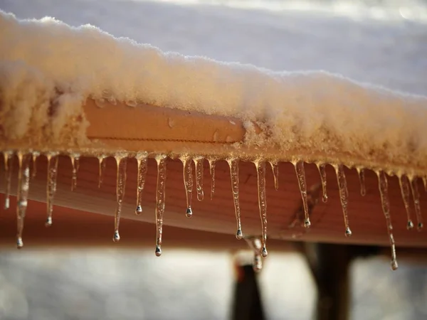 Close up of icicles hanging from a tent roof outdoors,with snow on the top