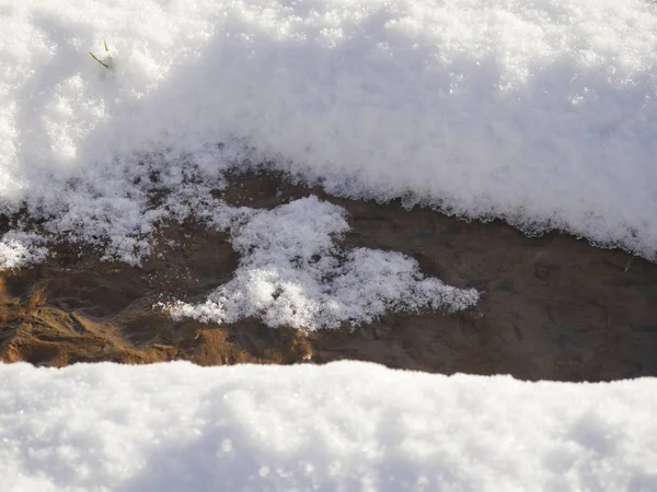 Śnieg Zaczyna Topnieć Betonowej Ziemi Otoczony Świeżo Opadniętym Tle Śniegu — Zdjęcie stockowe