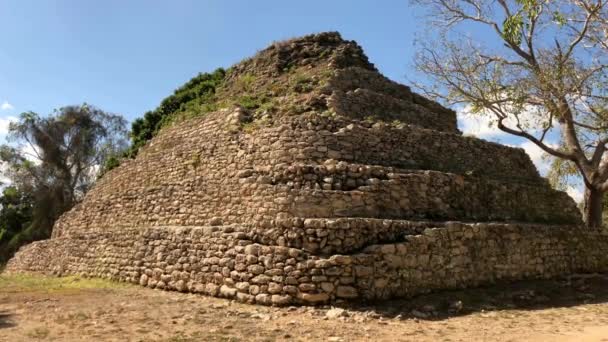 メキシコの村でマヤ寺院の遺跡の広いショットを開催 — ストック動画