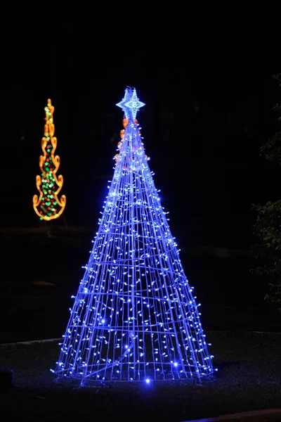 Ευρεία Βολή Του Δέντρου Chirstmas Φωτισμένο Από Μπλε Φώτα — Φωτογραφία Αρχείου