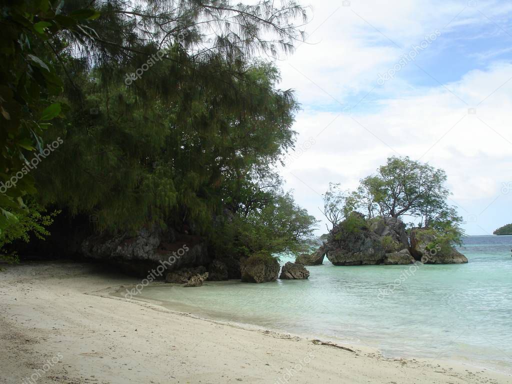 White sand beach at the rock islands in Palau.