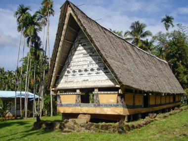 Front view of a traditional Palauan Bai, or meeting place for men in Airai State, Palau.