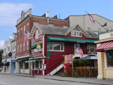 Newport, Rhode Island-September 2017: Colorful buildings housing restaurants and shops in Newport. 