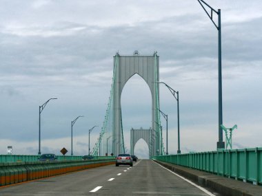 Jamestown, Rhode Island-September 2017: Impressive wide view of the Jamestown bridge, with vehicles traveling.