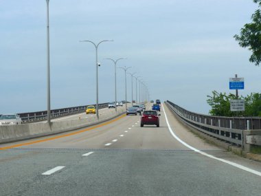 Jamestown, Rhode Island-September 2017: Cars traveling on the Jamestown Verrazzano Bridge.