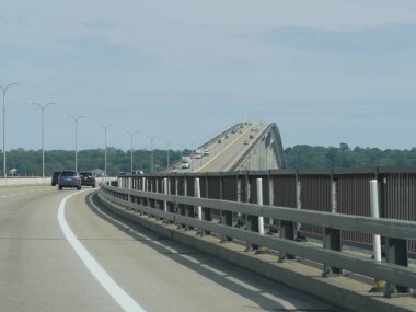 Jamestown, Rhode Island-September 2017: Scenic view of vehicles traveling on the Jamestown Verrazzano Bridge. 