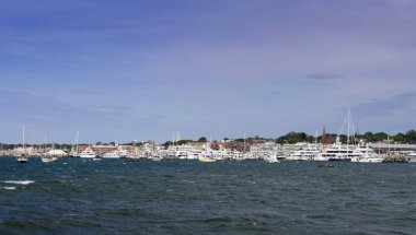 Newport, Rhode Island-September 2017: Wide shot of the Newport Harbor on a windy day.