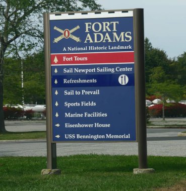 Newport, Rhode Island-September 2017: Close up of a roadside sign at Fort Adams, a National Historic Landmark in Newport.